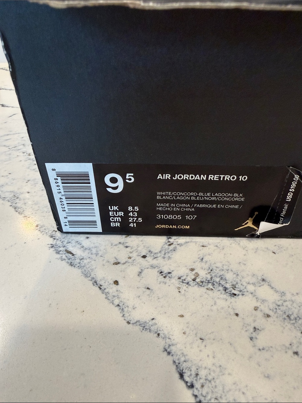 Men’s Charlotte Air Jordan Retro 10 in White/Concord-Blue Lagoon-Black. - Picture 2 of 6